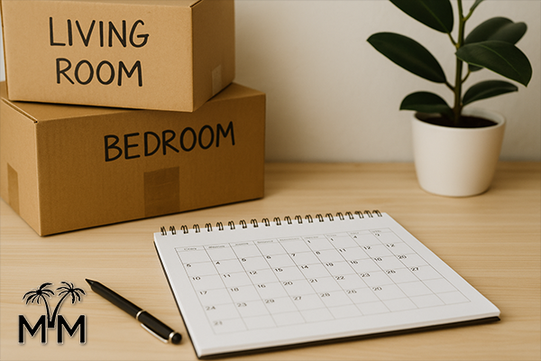 calendar and moving boxes on a desk representing a planned moving schedule