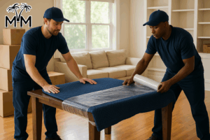 movers wrapping furniture with blankets and plastic before loading it for moving day