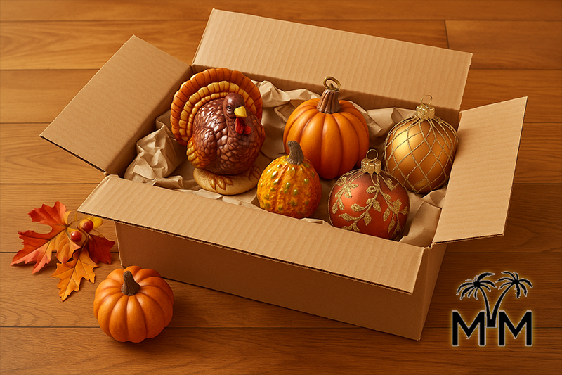 close-up of fragile holiday ornaments being wrapped in tissue paper and packed in boxes