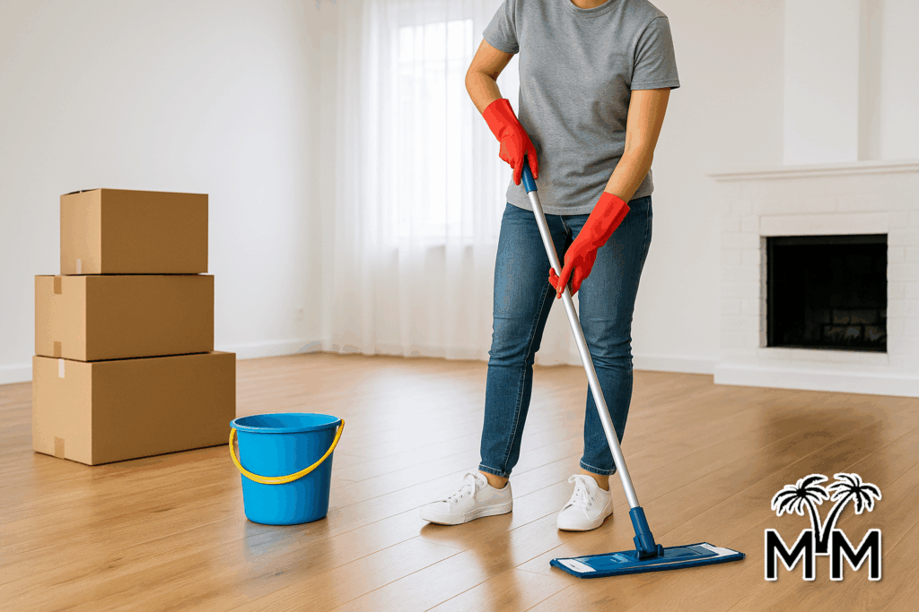 person cleaning an empty living room with moving boxes stacked nearby