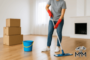 person cleaning an empty living room with moving boxes stacked nearby
