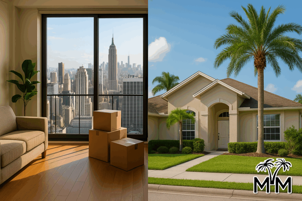 Comparison of New York apartment living and Florida suburban home representing lifestyle change
