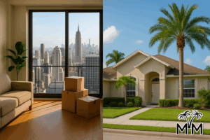 Comparison of New York apartment living and Florida suburban home representing lifestyle change
