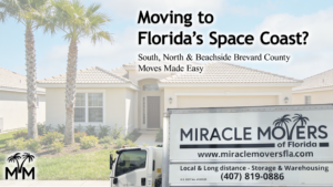 Miracle Movers of Florida truck and logo representing moving services across South, North, and Beachside Brevard County.