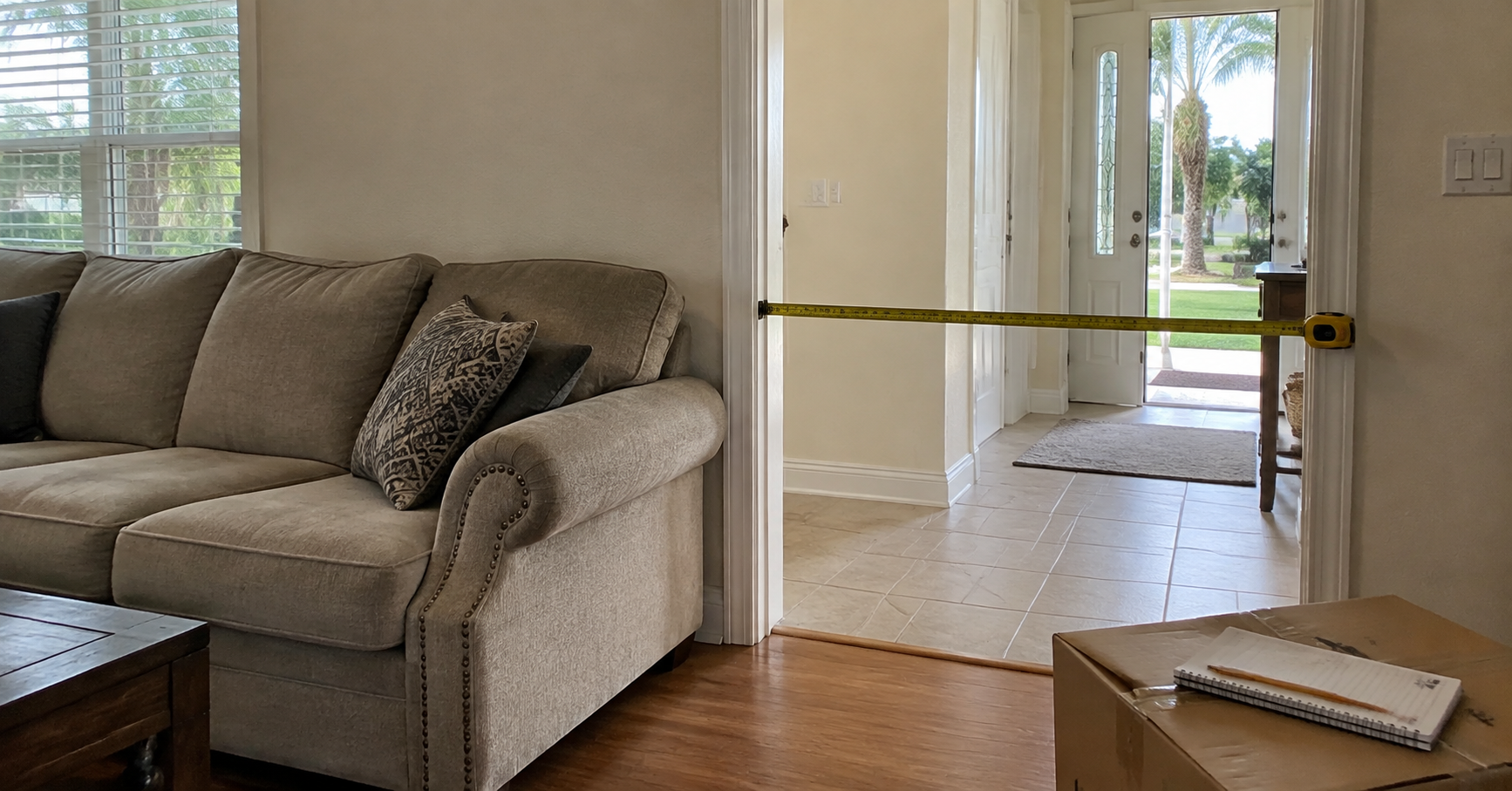 Tape measure stretched across a doorway beside a sofa before a move.