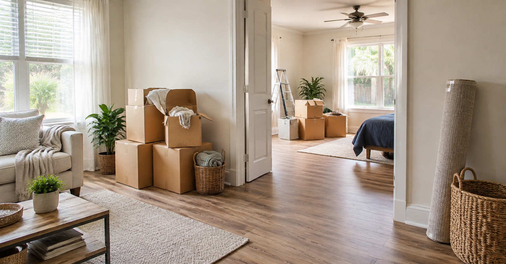 Organized moving boxes prepared for a household move completed in stages.